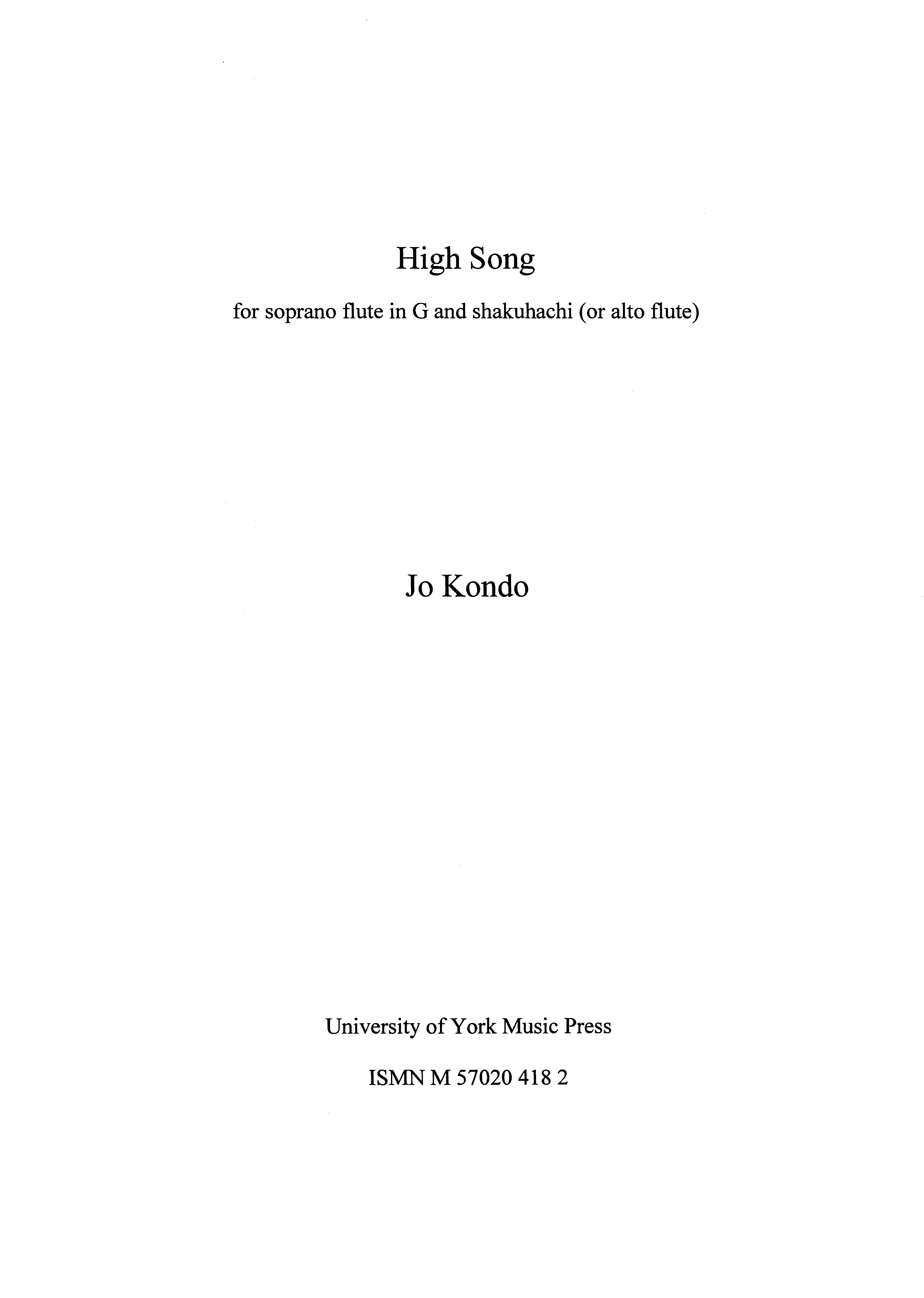 Jo Kondo: High Song: Flute: Score and Parts