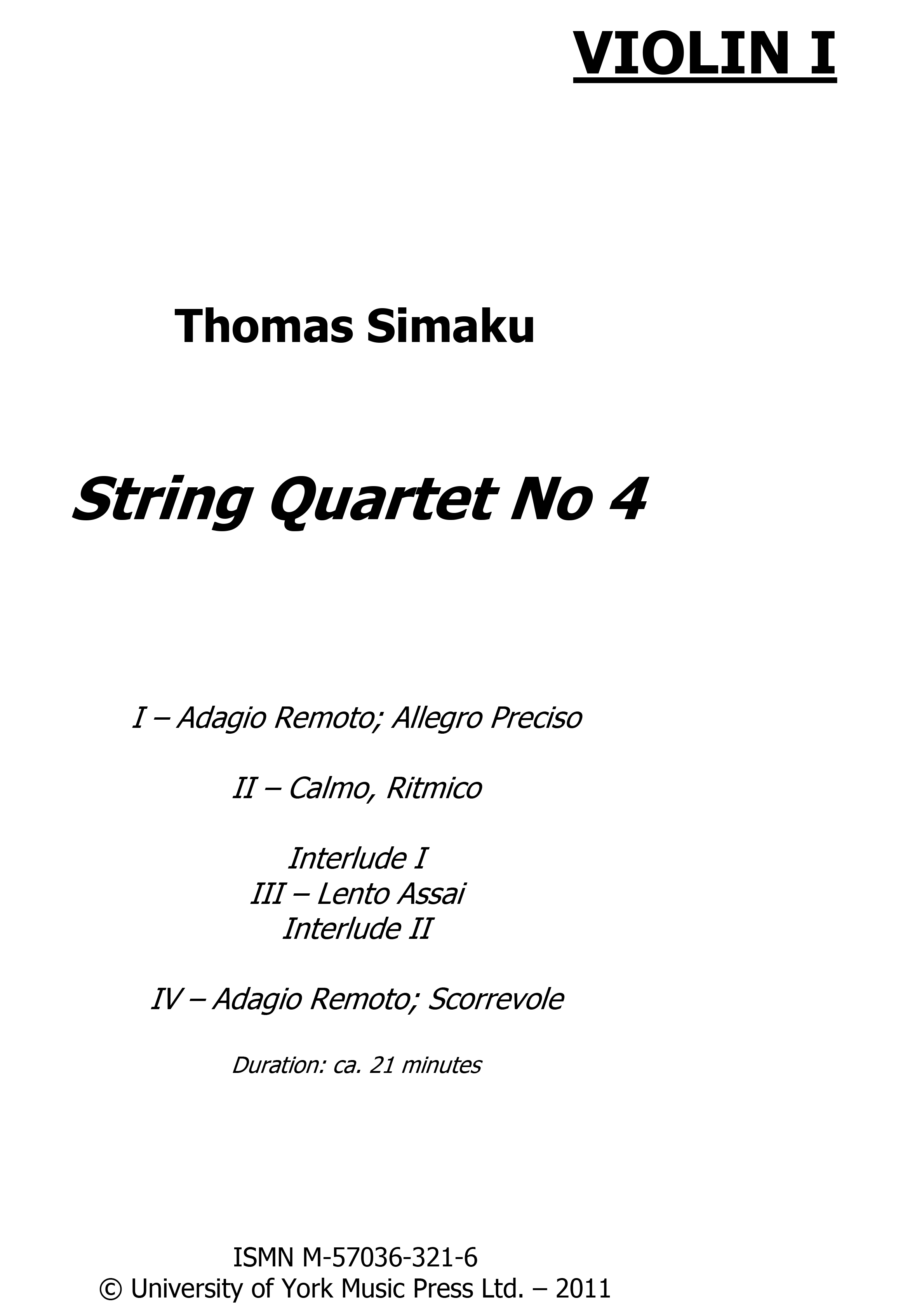 Thomas Simaku: String Quartet No. 4 - Parts: String Quartet: Score and Parts