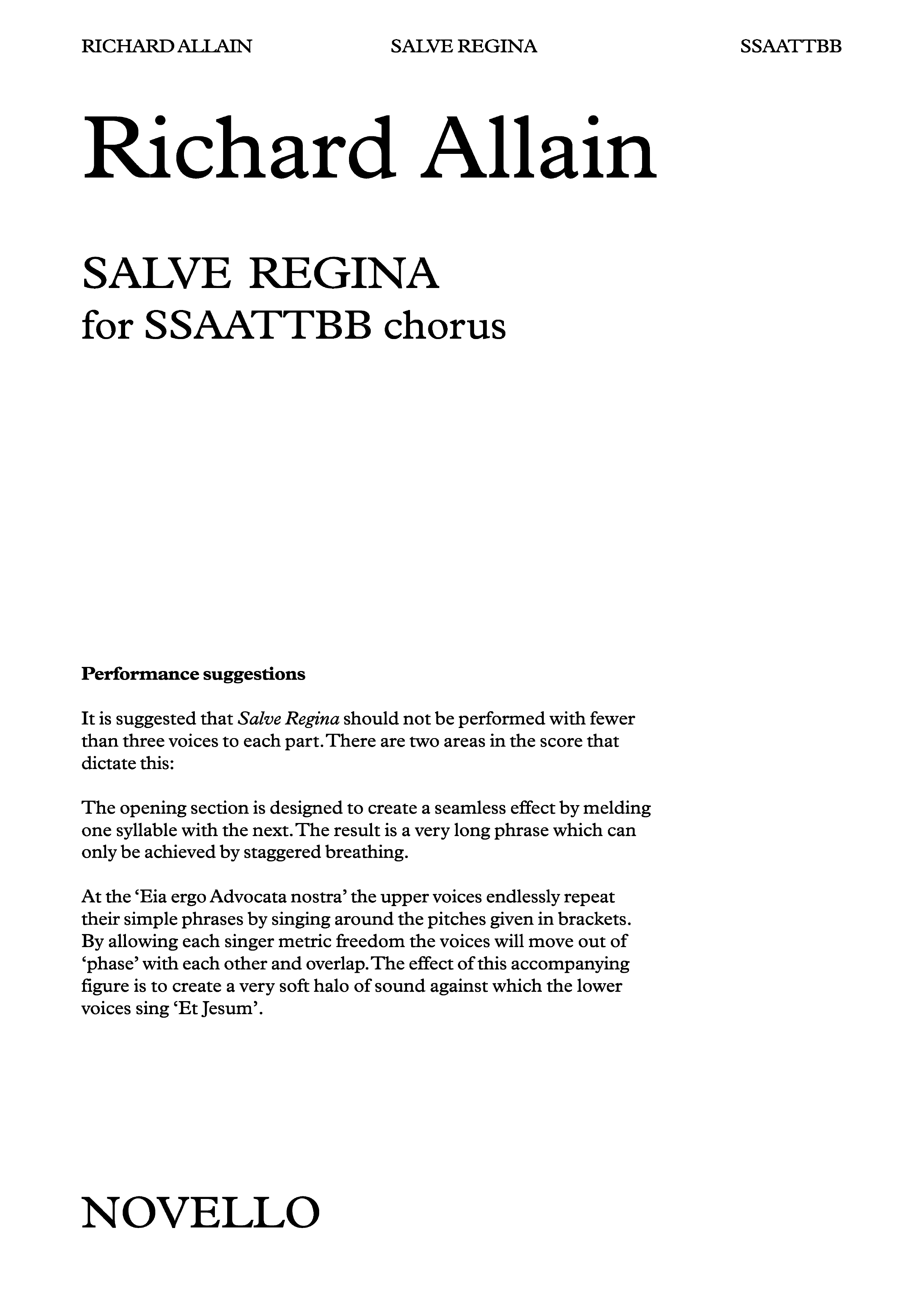 Richard Allain: Salve Regina: SATB: Vocal Score