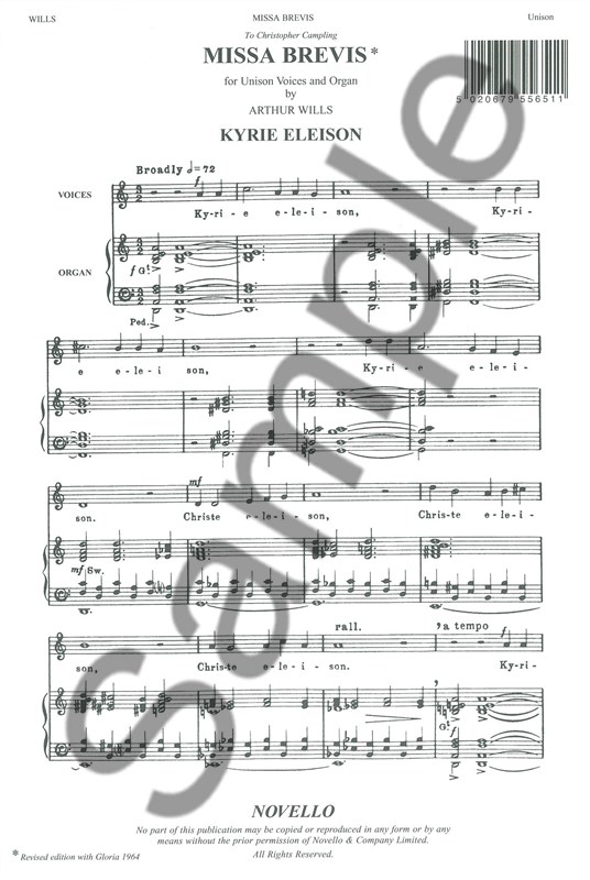 Arthur Wills: Missa Brevis: Unison Voices: Vocal Score