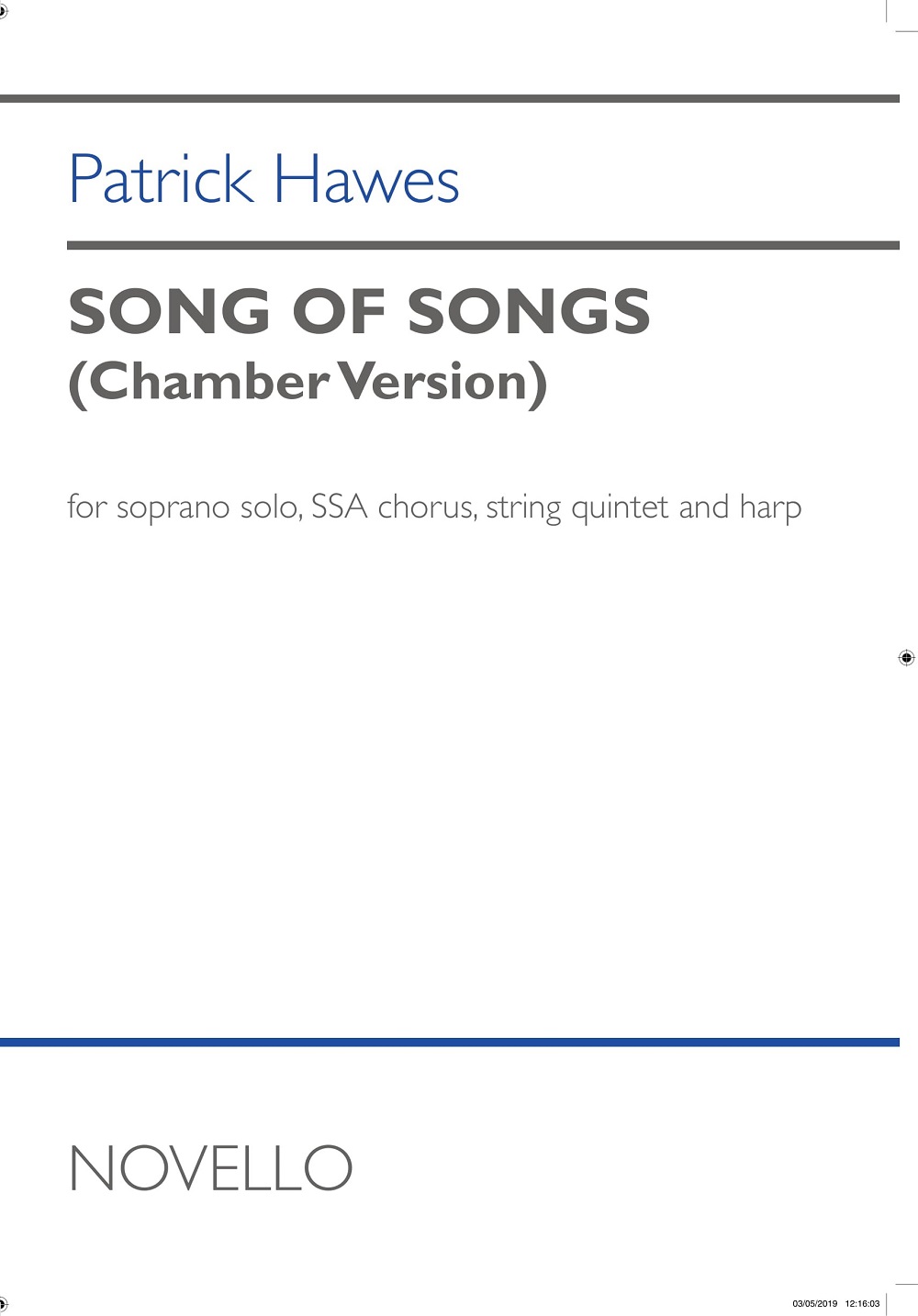 Patrick Hawes: Song of Songs (SSA Chamber Version): SSA: Score and Parts