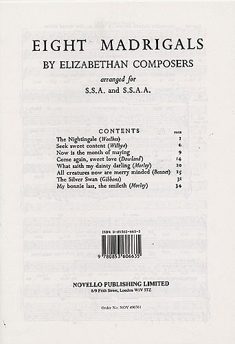 Eight Madrigals By Elizabethan Composers: SSA: Vocal Score
