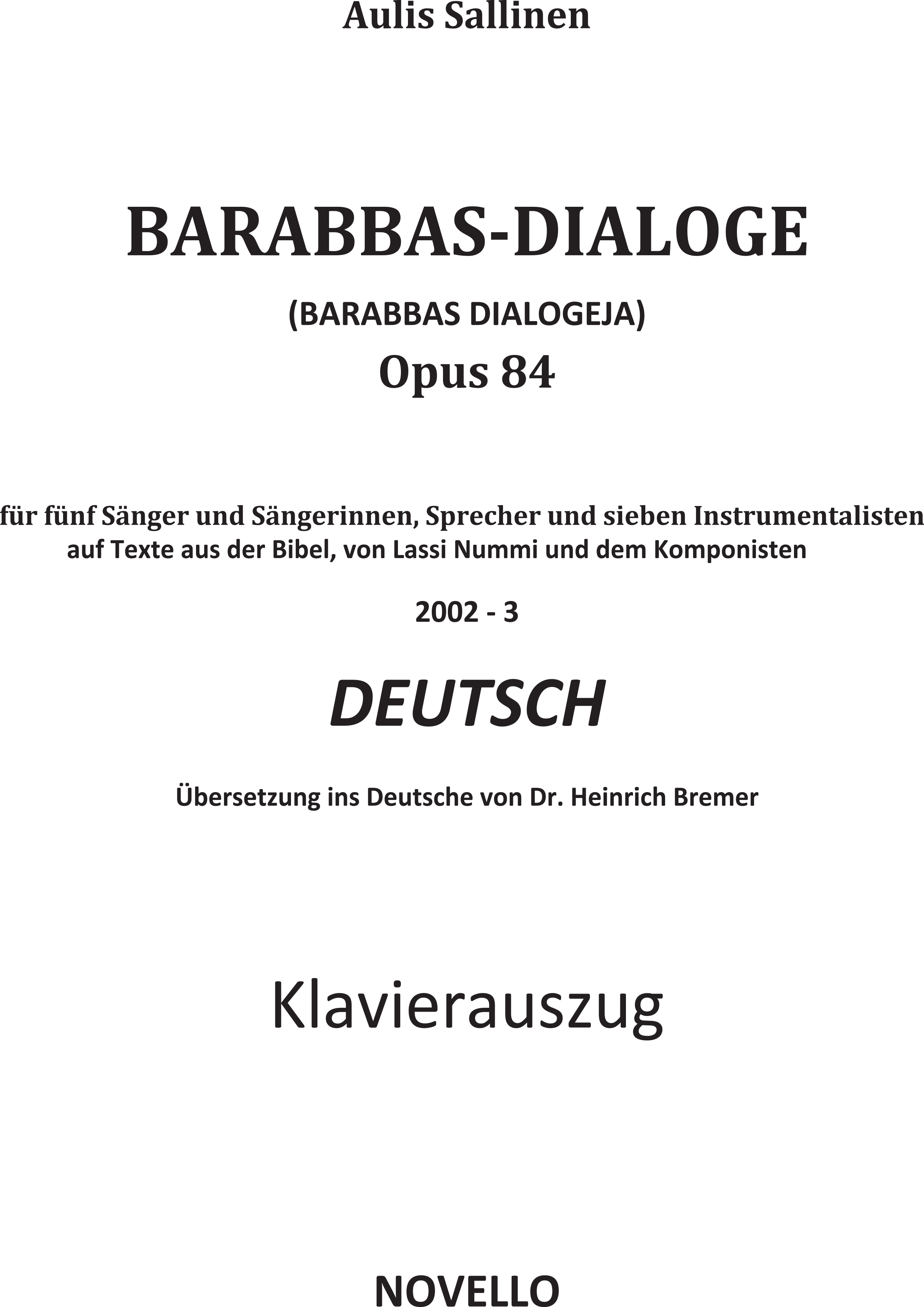 Aulis Sallinen: Barabbas Dialogeja: SATB: Vocal Score