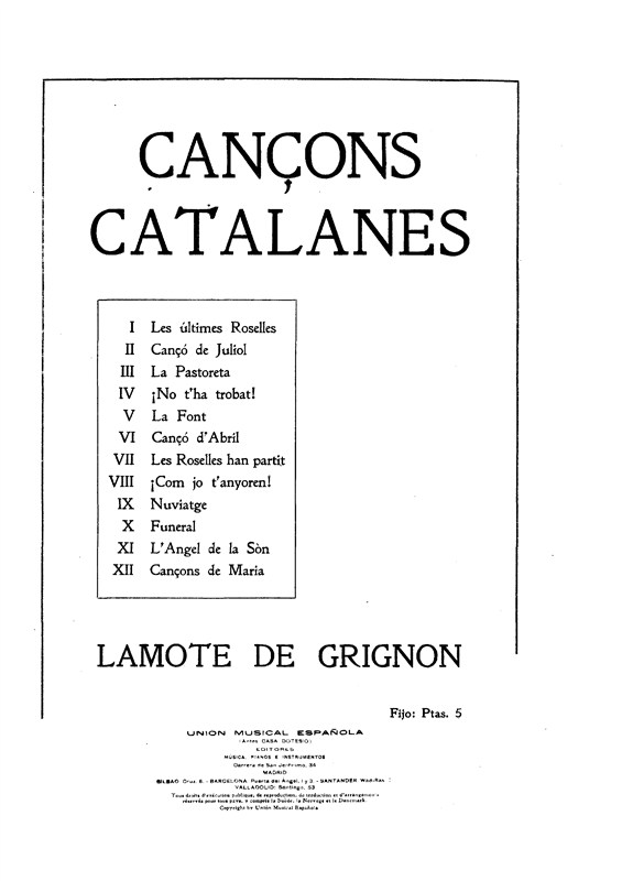 Juan Lamote De Grignon: Cançons Catalanes: Voice: Vocal Album