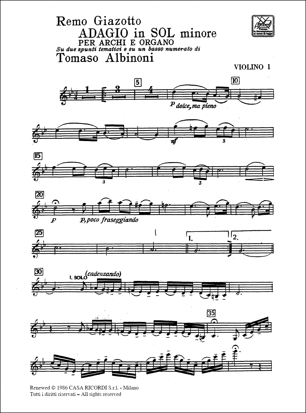 Tomaso Albinoni: Adagio in sol minore (g minor): Chamber Ensemble