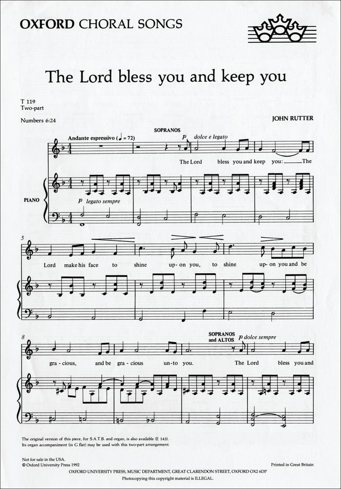 John Rutter: The Lord Bless You And Keep You (in F major): 2-Part Choir: Vocal