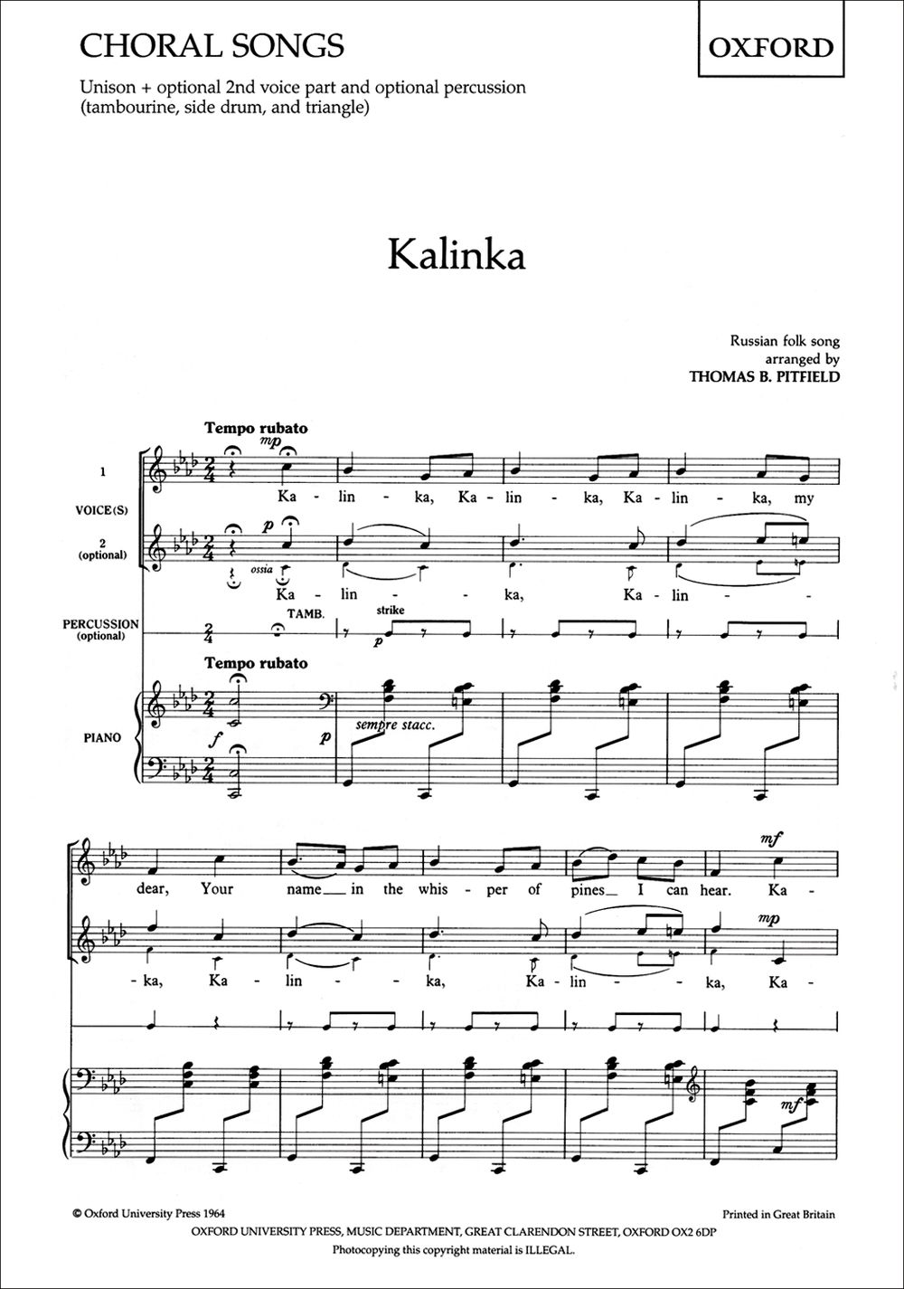 Thomas Pitfield: Kalinka: Mixed Choir: Vocal Score