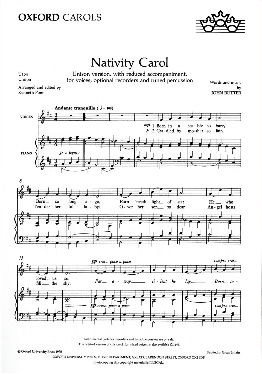 John Rutter: Nativity Carol: Unison Voices: Vocal Score