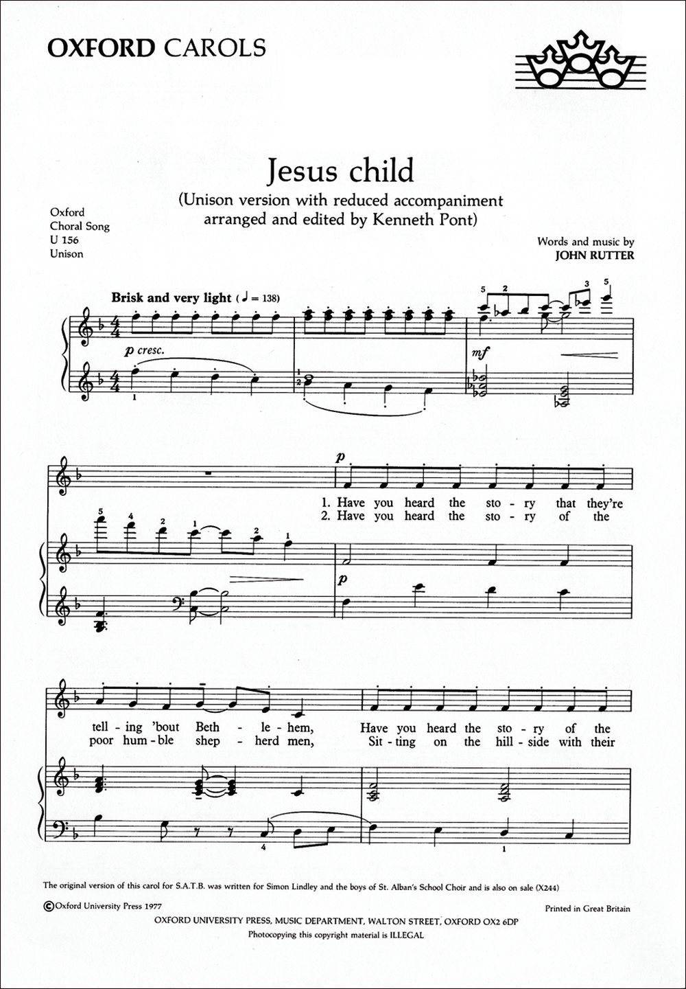 John Rutter: Jesus Child: Unison Voices: Vocal Score