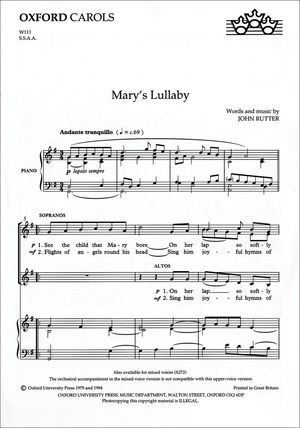 John Rutter: Mary's Lullaby: SSAA: Vocal Score