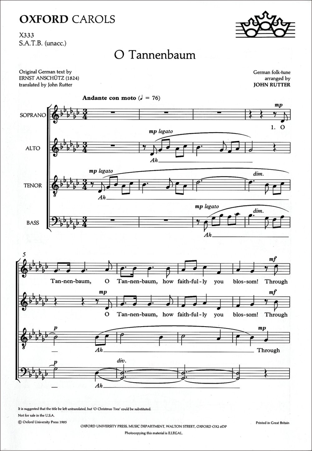 John Rutter: O Tannenbaum: SATB: Vocal Score
