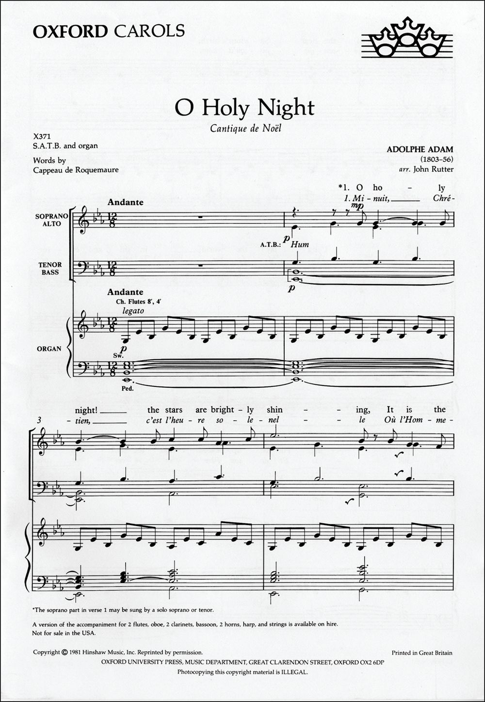 Adolphe Charles Adam: O Holy Night (arr. Rutter): Mixed Choir: Vocal Score