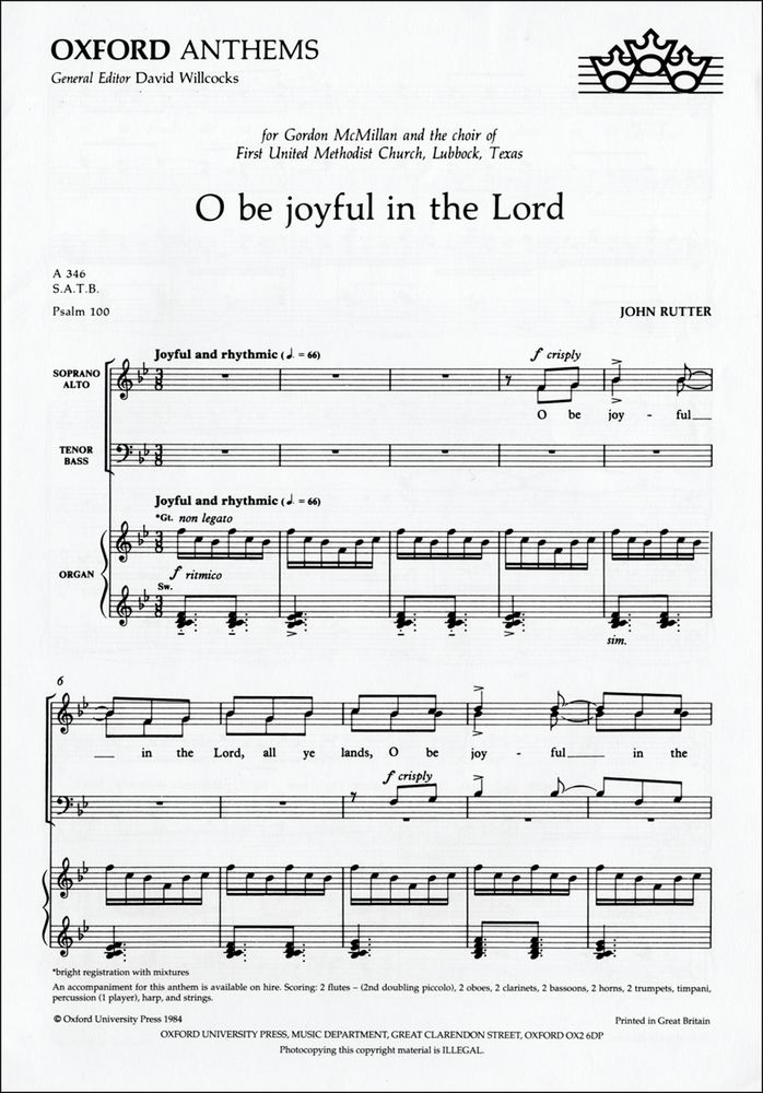 John Rutter: O Be Joyful In The Lord: SATB: Vocal Score