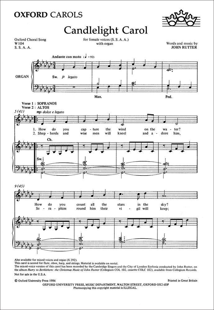 John Rutter: Candlelight Carol: SSAA: Vocal Score