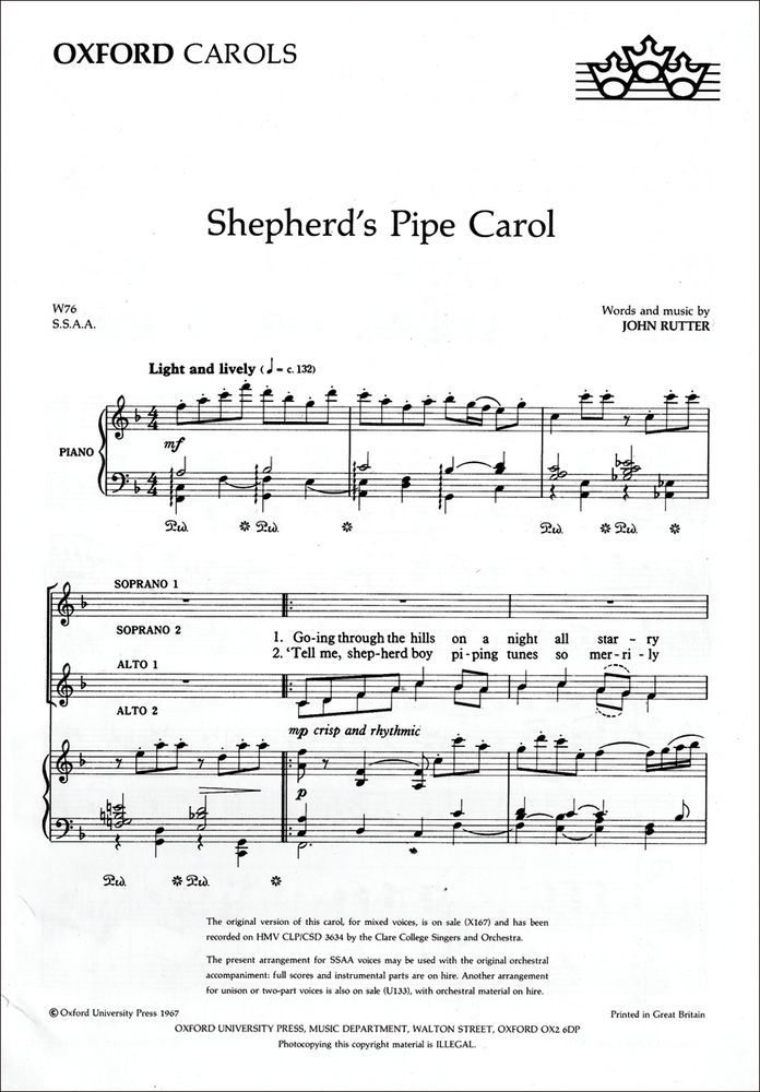 John Rutter: Shepherd's Pipe Carol: SSA: Vocal Score