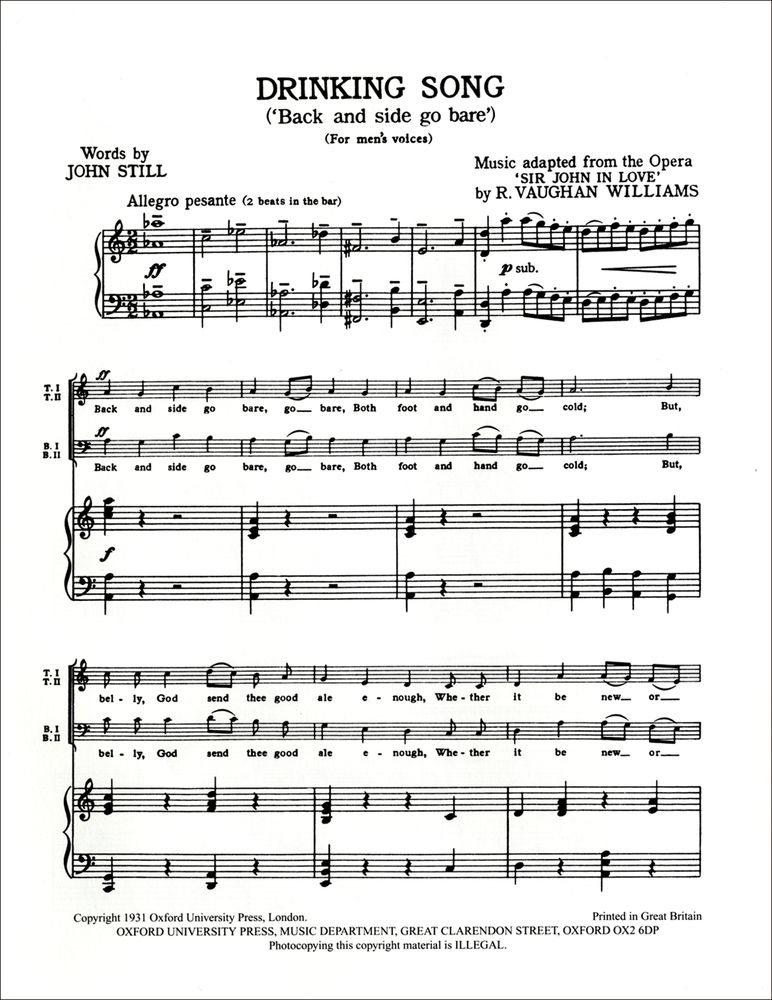 Ralph Vaughan Williams: Drinking Song: Mixed Choir: Vocal Score