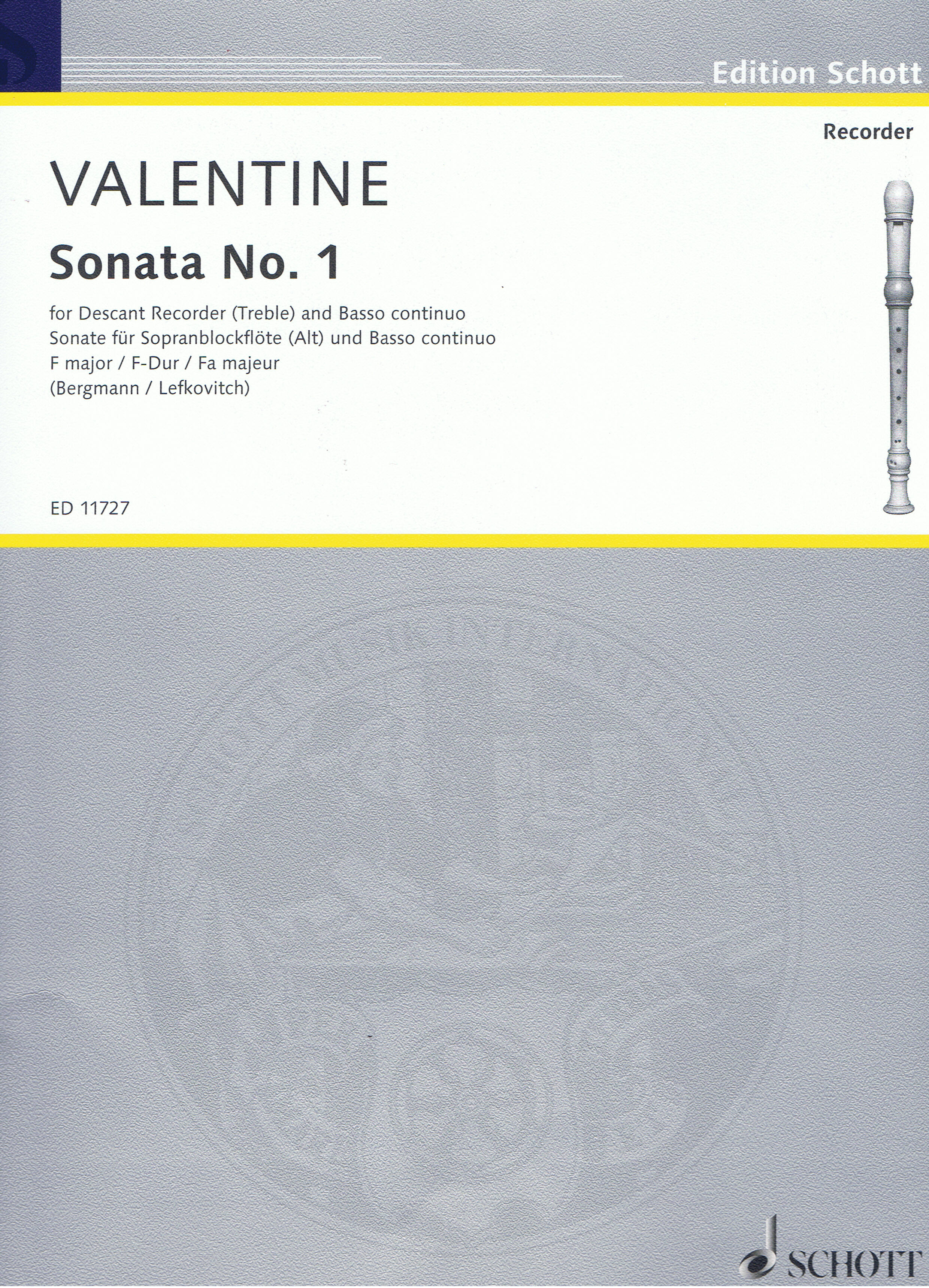 Robert Valentine: Sonate 1: Treble Recorder: Score and Parts