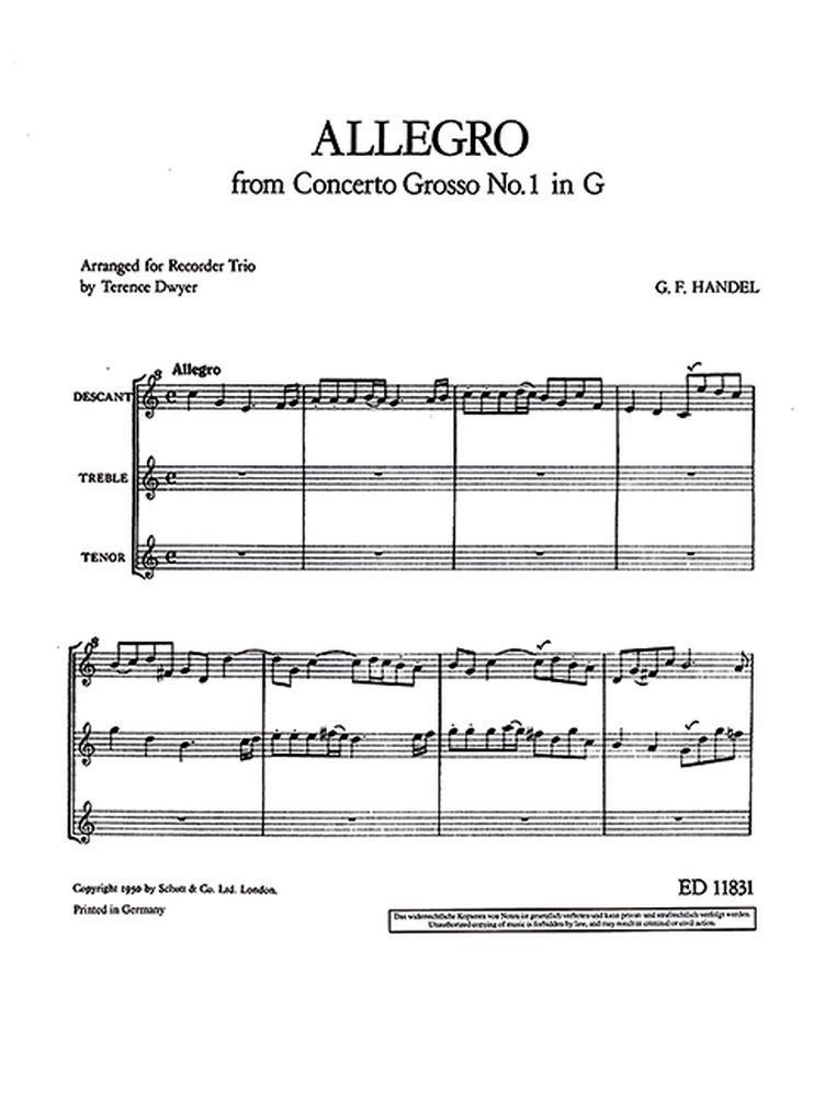 Georg Friedrich Händel: Allegro from Concerto Grosso No 1 in G: Recorder