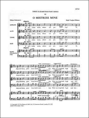 Ralph Vaughan Williams: O Mistress Mine: SATB: Vocal Score