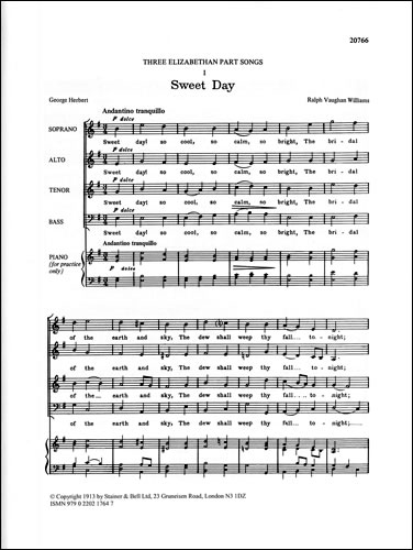 Ralph Vaughan Williams: Three Elizabethan Partsongs: Sweet Day: SATB: Vocal