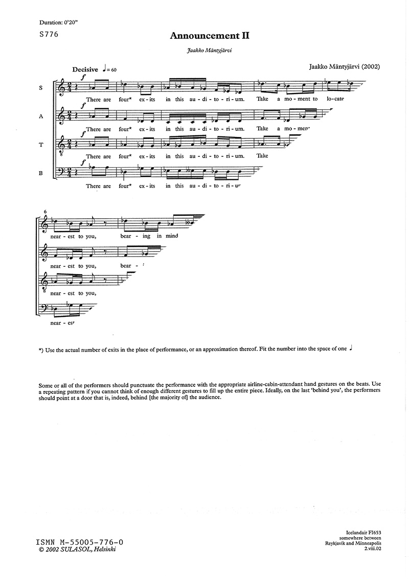 Jaakko Mäntyjärvi: Announcements: SATB: Vocal Score