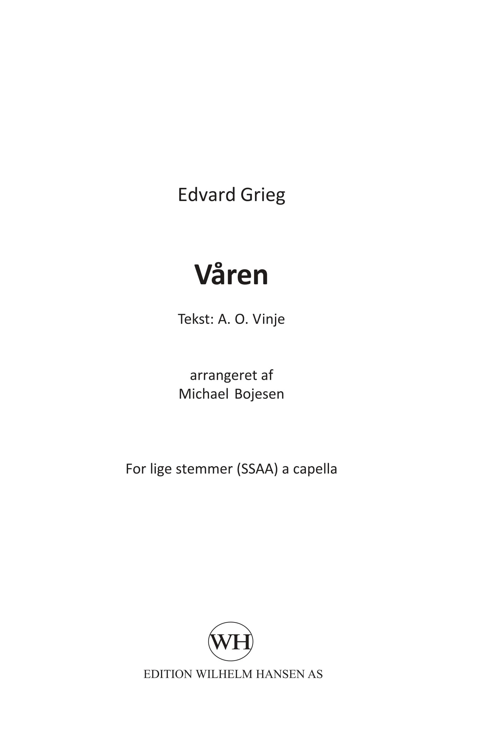 Edvard Grieg: Våren: 2-Part Choir: Vocal Score