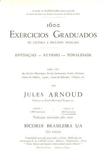 Arnoud, Jules : 1600 Exercices Gradus de Lecture et Dictes Musicales - Volume 2 : 600 Exercices (Version Portugaise)