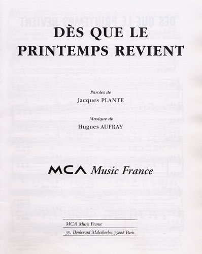 Plante, Jacques / Aufray, Hugues : D�s Que Le Printemps Revient