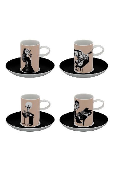 Set de 4 Tasses  Caf and 4 Soucoupes - Biscuit de Porcelaine - Musiciens
[Set 4 Coffe Cups and Saucers - Biscuit Porcelain - Musicians]